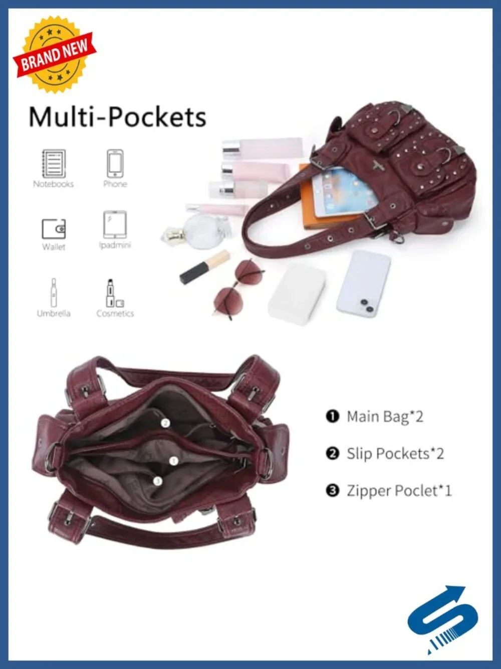 Vegan Leather Hobo Tote Bag Multi Pocket Studded Shoulder Purse Y2K